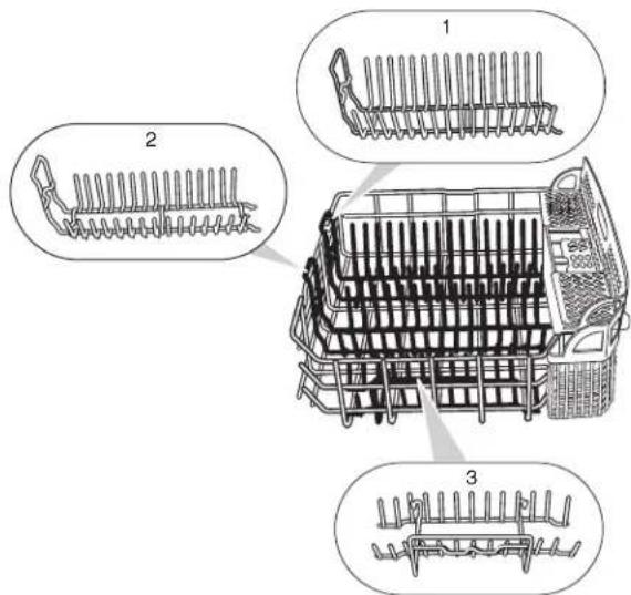 Technical diagram showing three views of a mechanical component with labeled parts 1, 2, and 3.