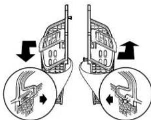 Diagram illustrating a mechanical assembly or disassembly process with labeled parts and directional arrows indicating movement.