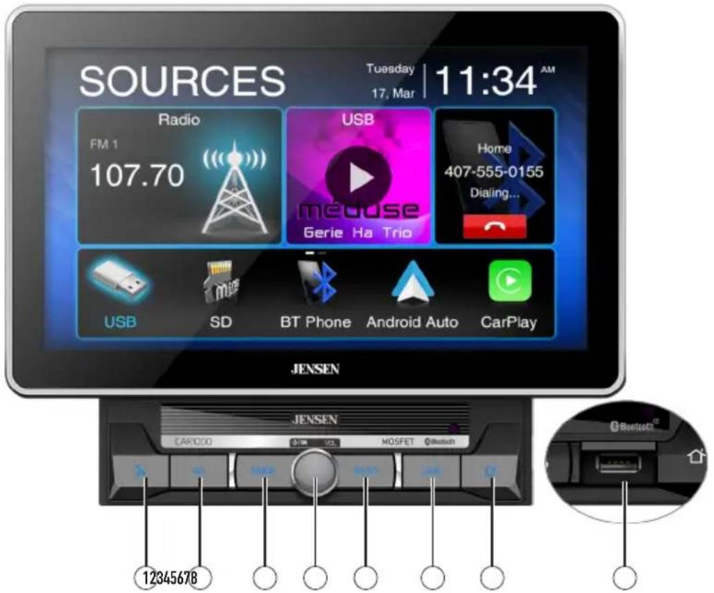 SOURCES Tuesday | 11:34 AM 17, Mar Radio FM 1 107.70 USB meuse Gerie Ha Trio Home 407-555-0155 Dialing... USB SD BT Phone Android Auto CarPlay JENSEN JENSEN CAROOO 12345678 MOSFET Bluetooth 12345678