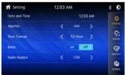Setting 12:03 AM Date and Time 12:03 AM AM/PM < AM > Time Format < 12 Hour > Beeg on off Radio Region < USA >