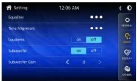 Setting 12:06 AM Equalizer Time Alignment Loudness on off Subwoofer on off Subwoofer Gain < 0 >