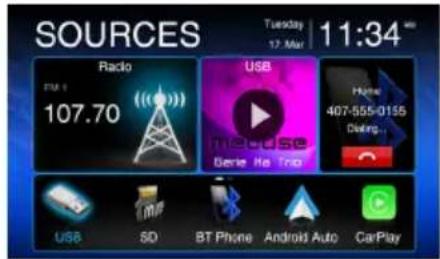 SOURCES Radio 107.70 USB Home 407-555-0155 Dating... USB SD BT Phone Android Auto CarPlay Tuesday 17 Mar 11:34