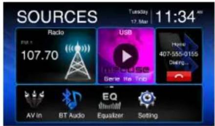 SOURCES Radio 107.70 USB Gene Its Trip Home 407-555-0155 Dating... AV In BT Audio Equalizer Setting EQ Setting