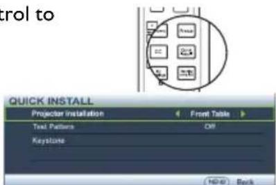 Control to QUICK INSTALL Projector Installation Front Table Text Pattern Off Keystone H48 Back