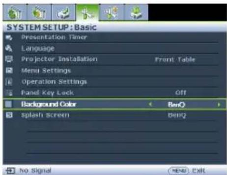 SYSTEM SETUP : Basic Presentation Timer Language Projector Installation Front Table Menu Settings Operation Settings Panel Key Lock Off Background Color RenQ Splash screen DenQ No Signal Export