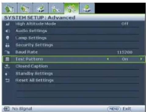 SYSTEM SETUP: Advanced High Altitude Mode Off Audio Settings Lamp Settings Security Settings Baud Rate 115200 Test Pattern On Closed Caption Standby Settings Reset All Settings No Signal (MEN) Exit