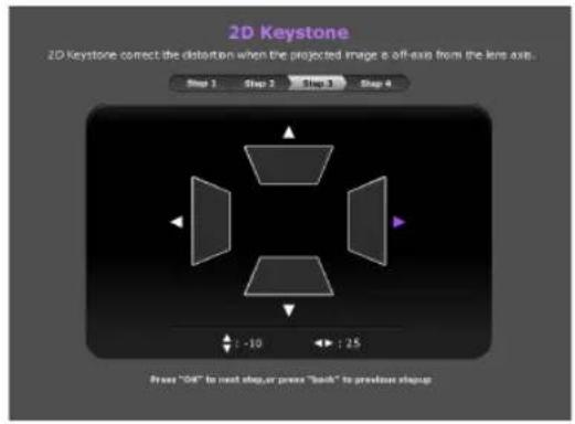 2D Keystone 2D Keystone correct the distortion when the projected image is off-axis from the lens axis. Step 1 Step 2 Step 3 Step 4 ← : -10 ← : 25 Preview "Off" to next step, or press "back" to previous shugup