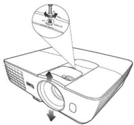 Diagram of a projector with labeled components and directional arrows indicating motion or operation