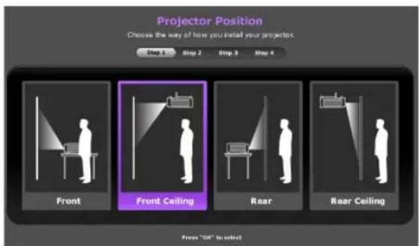 Projector Position Choose the way of how you install your projector. Step 1 Step 2 Step 3 Step 4 Front Front Ceiling Rear Rear Ceiling From "Off" to select