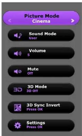 Picture Mode Cinema Sound Mode User Volume 5 Mute Off 3D Mode 3D Off 3D Sync Invert Press OK Settings Press OK