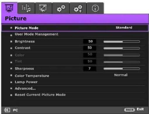 Picture • Picture Mode Standard • User Mode Management • Brightness 50 • Contrast 50 • Color 50 • Tint 50 • Sharpness 7 • Color Temperature Normal • Lamp Power • Advanced... • Reset Current Picture Mode PC EXIT