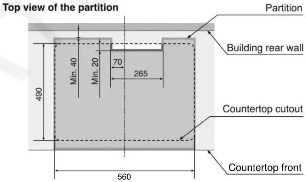 Top view of the partition Partition Building rear wall 490 Min. 40 Min. 20 70 265 Countertop cutout 560 Countertop front