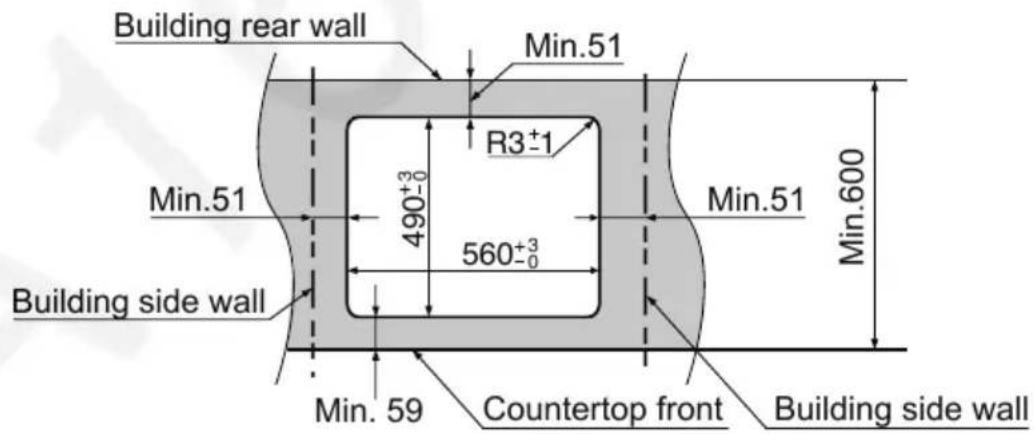 Building rear wall Min.51 R3±1 490±3 560±3 Min.51 Min.600 Building side wall Building side wall Min. 59 Countertop front Building side wall