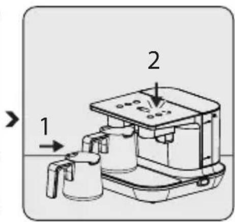 Diagram of a mechanical device with labeled parts 1 and 2, showing fluid flow direction