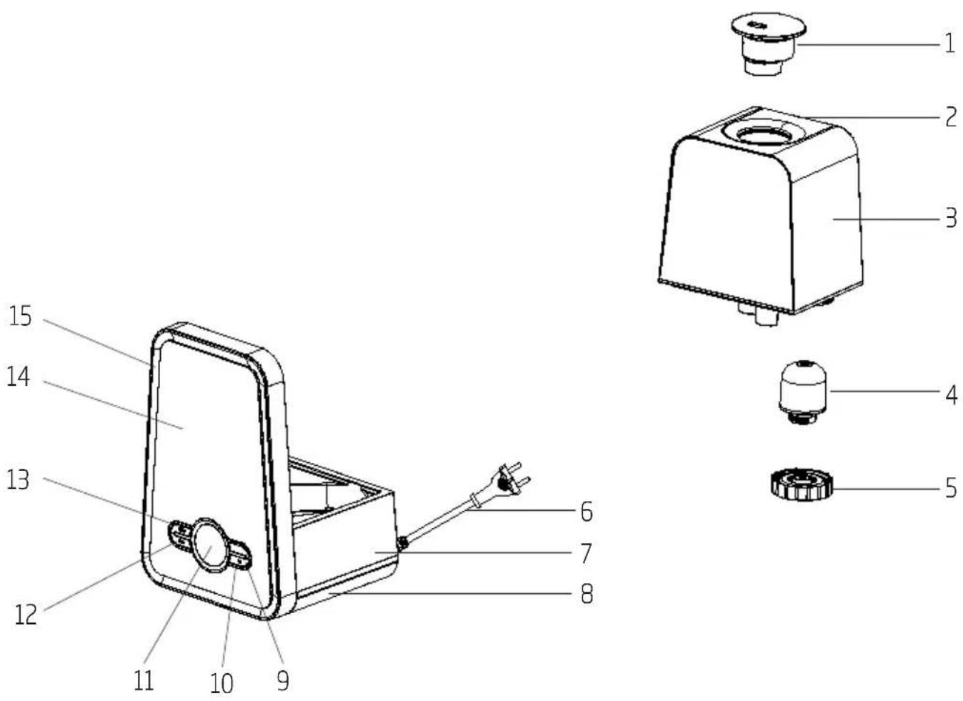 Technical diagram of a device with numbered parts, including a main body and exploded view of the internal components.