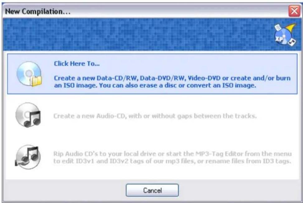 New Compilation... Click Here To... Create a new Data-CD/RW, Data-DVD/RW, Video-DVD or create and/or burn an ISO image. You can also erase a disc or convert an ISO image. Create a new Audio-CD, with or without gaps between the tracks. Rip Audio CD's to your local drive or start the MP3-Tag Editor from the menu to edit ID3v1 and ID3v2 tags of our mp3 files, or rename files from ID3 tags. Cancel