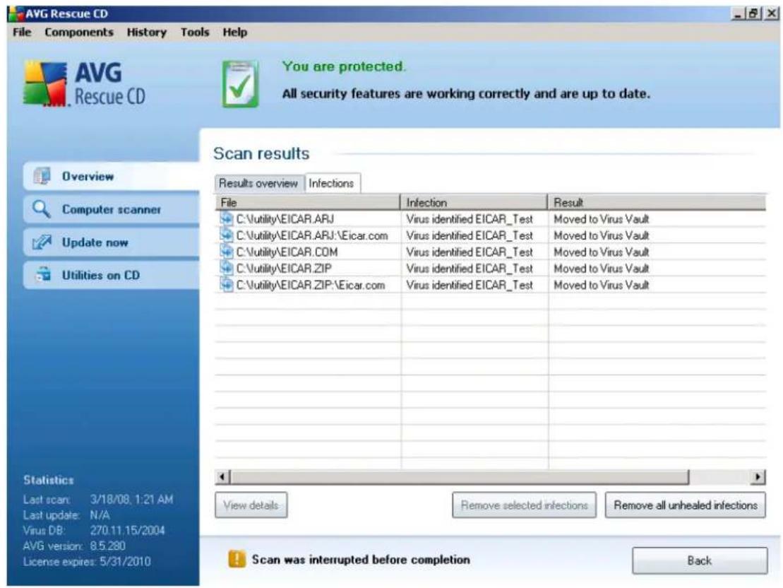 AVG Rescue CD File Components History Tools Help AVG Rescue CD You are protected. All security features are working correctly and are up to date. Overview Computer scanner Update now Utilities on CD Scan results Results overview Infections File Infection Result C:\vutility\EICAR.ARJ Virus identified EICAR_Test Moved to Virus Vault C:\vutility\EICAR.ARJ:\Eicar.com Virus identified EICAR_Test Moved to Virus Vault C:\vutility\EICAR.COM Virus identified EICAR_Test Moved to Virus Vault C:\vutility\EICAR.ZIP Virus identified EICAR_Test Moved to Virus Vault C:\vutility\EICAR.ZIP:\Eicar.com Virus identified EICAR_Test Moved to Virus Vault Statistics Last scan: 3/18/08.1:21 AM Last update: N/A Virus DB: 270.11.15/2004 AVG version: 8.5.280 License expires: 5/31/2010 View details Remove selected infections Remove all unhealed infections Scan was interrupted before completion Back