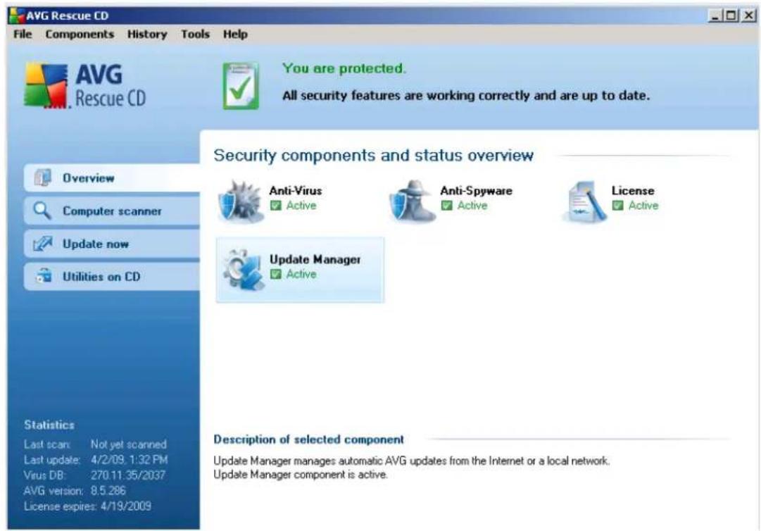 AVG Rescue CD File Components History Tools Help AVG Rescue CD You are protected. All security features are working correctly and are up to date. Overview Computer scanner Update now Utilities on CD Security components and status overview Anti-Virus Active Anti-Spyware Active License Active Update Manager Active Description of selected component Last scan: Not yet scanned Last update: 4/2/09.1:32 PM Virus DB: 270.11.35/2037 AVG version: 8.5.286 License expires: 4/19/2009 Statistics