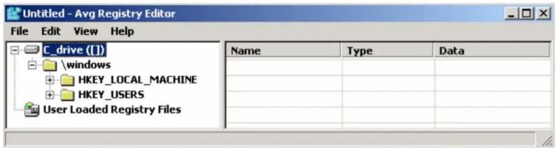 Untitled - Avg Registry Editor File Edit View Help C_drive ([]) windows HKEY_LOCAL_MACHINE HKEY_USERS User Loaded Registry Files Name Type Data Name Type Data