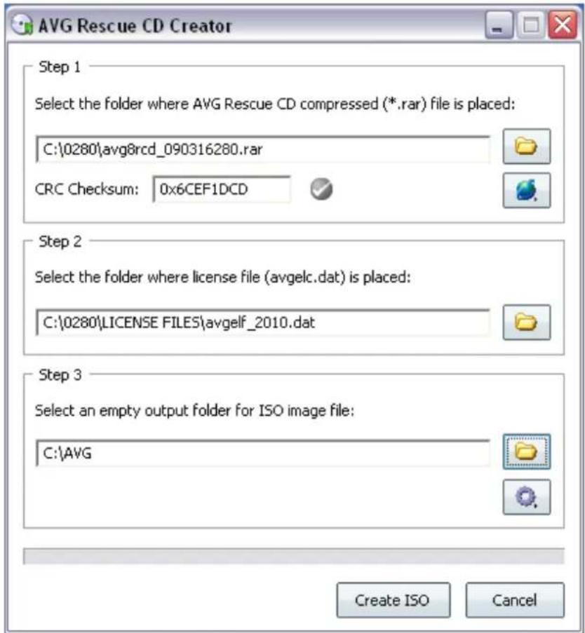 AVG Rescue CD Creator Step 1 Select the folder where AVG Rescue CD compressed (*.rar) file is placed: C:\0280\avg8rcd_090316280.rar CRC Checksum: 0x6CEF1DCD Step 2 Select the folder where license file (avgelc.dat) is placed: C:\0280\LICENSE FILES\avgelf_2010.dat Step 3 Select an empty output folder for ISO image file: C:\AVG Create ISO Cancel