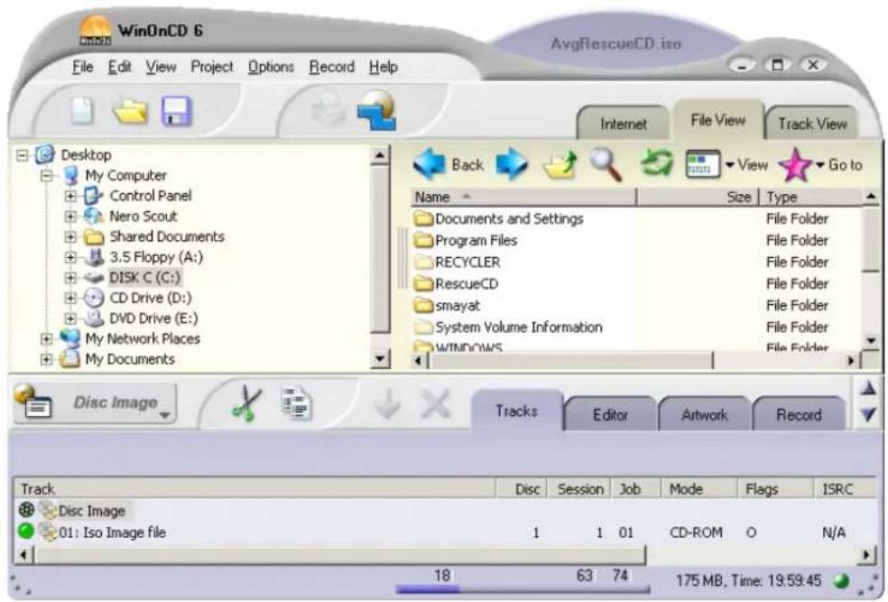 WinOnCD 6 AvgRescueCD:iso File Edit View Project Options Record Help Internet File View Track View Desktop My Computer Control Panel Nero Scout Shared Documents 3.5 Floppy (A:) DISK C (C:) CD Drive (D:) DVD Drive (E:) My Network Places My Documents Back View Go to Name Size Type Documents and Settings File Folder Program Files File Folder RECYCLER File Folder RescueCD File Folder smayat File Folder System Volume Information File Folder WINDOWS File Folder Disc Image Tracks Editor Artwork Record Track Disc Session Job Mode Flags ISRC Disc Image 01: Iso Image file 1 1 01 CD-ROM O N/A 18 63 74 175 MB, Time: 19:59:45