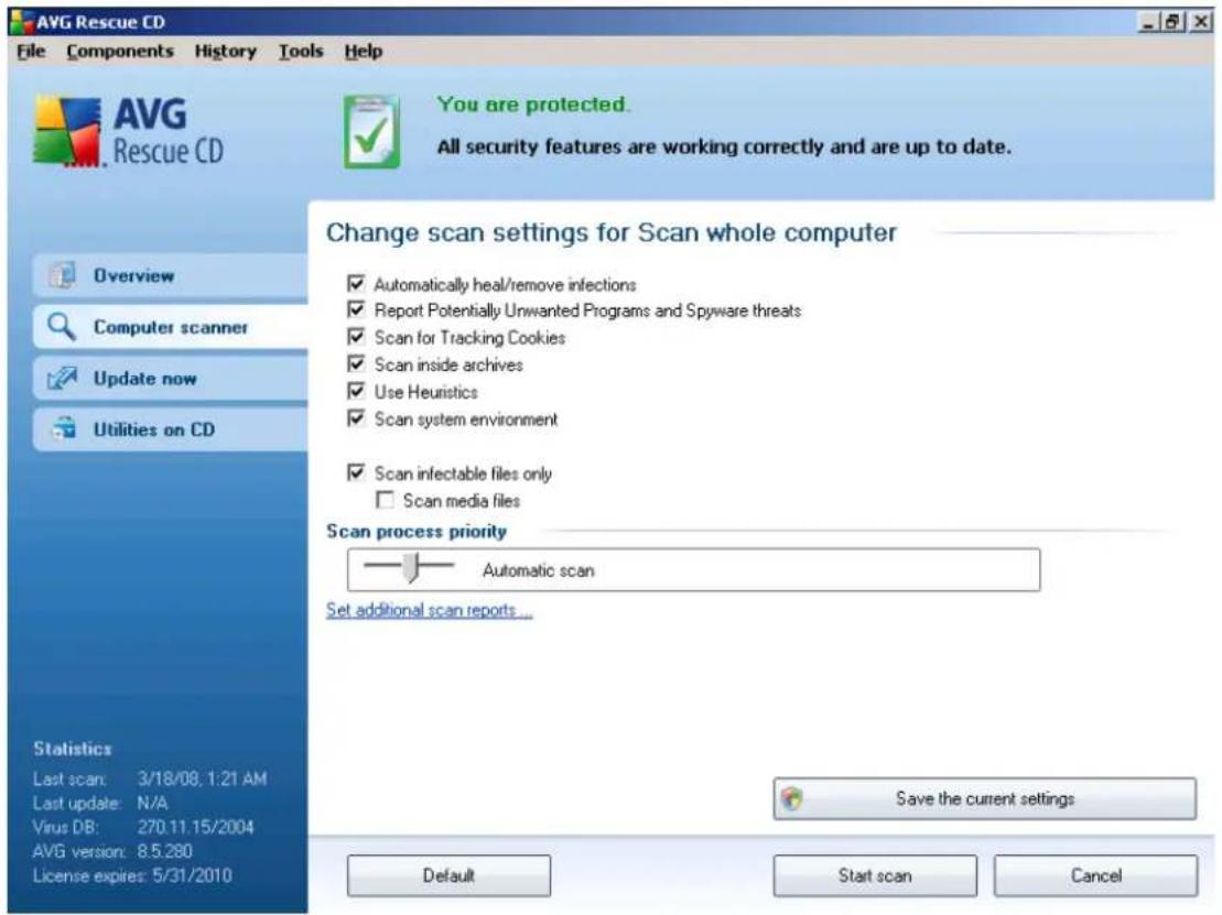 AVG Rescue CD File Components History Tools Help AVG Rescue CD You are protected. All security features are working correctly and are up to date. Change scan settings for Scan whole computer ✓ Automatically heal/remove infections ✓ Report Potentially Unwanted Programs and Spyware threats ✓ Scan for Tracking Cookies ✓ Scan inside archives ✓ Use Heuristics ✓ Scan system environment ✓ Scan infectable files only □ Scan media files Scan process priority Automatic scan Set additional scan reports... Statistics Last scan: 3/18/08.1:21 AM Last update: N/A Virus DB: 270.11.15/2004 AVG version: 8.5.280 License expires: 5/31/2010 Save the current settings Default Start scan Cancel