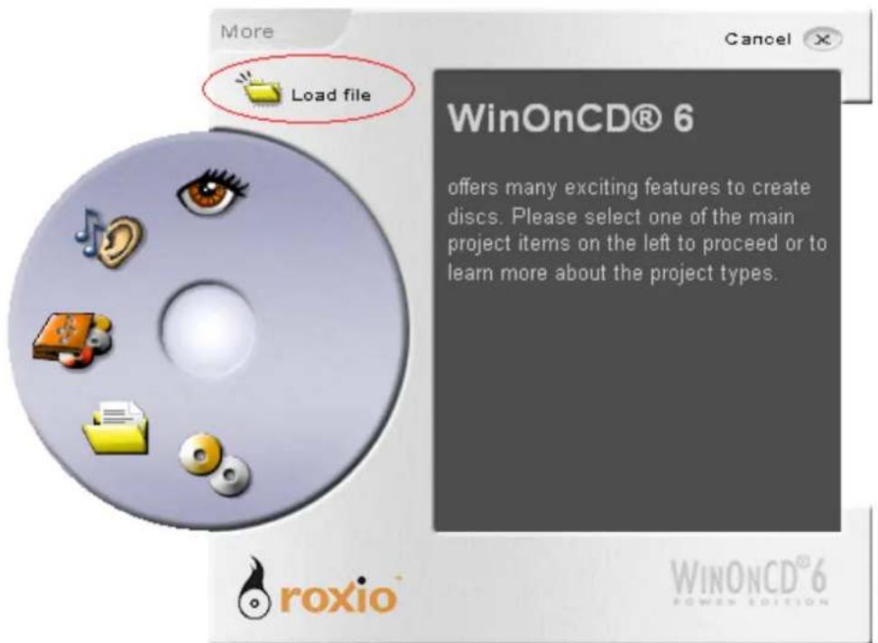 More Cancel Load file WinOnCD® 6 offers many exciting features to create discs. Please select one of the main project items on the left to proceed or to learn more about the project types. roxio WINOnCD® 6 POWER EDITION