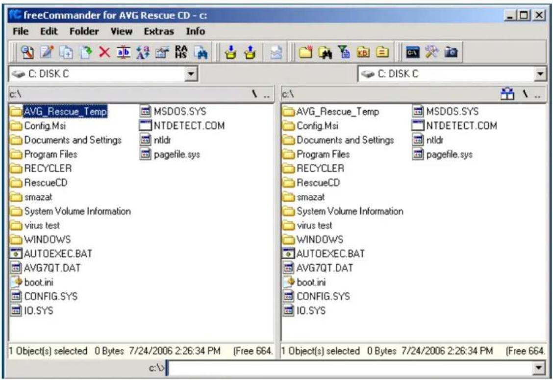 freeCommander for AVG Rescue CD - c: File Edit Folder View Extras Info C: DISK C C: DISK C c:\ AVG_Rescue_Temp MSDOS.SYS Config.Msi NTDETECT.COM Documents and Settings ntldr Program Files pagefile.sys RECYCLER RescueCD smazat System Volume Information virus test WINDOWS AUTOEXEC.BAT AVG7QT.DAT boot.ini CONFIG.SYS IO.SYS 1 Object(s) selected 0 Bytes 7/24/2006 2:26:34 PM (Free 664. c:\) AVG_Rescue_Temp MSDOS.SYS Config.Msi NTDETECT.COM Documents and Settings ntldr Program Files pagefile.sys RECYCLER RescueCD smazat System Volume Information virus test WINDOWS AUTOEXEC.BAT AVG7QT.DAT boot.ini CONFIG.SYS IO.SYS 1 Object(s) selected 0 Bytes 7/24/2006 2.26:34 PM (Free 664.