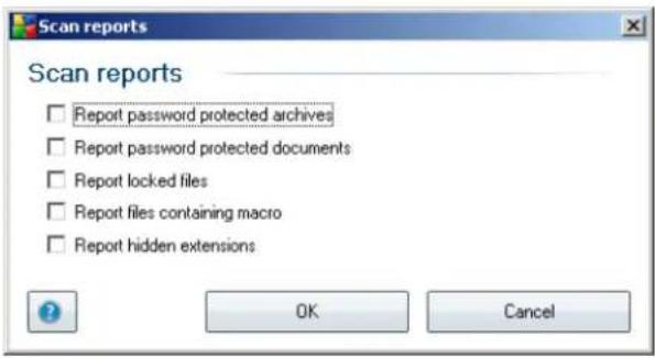 Scan reports Report password protected archives Report password protected documents Report locked files Report files containing macro Report hidden extensions OK Cancel