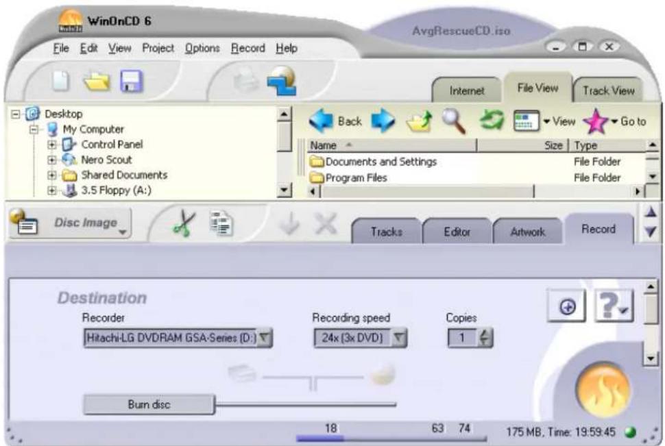WinOnCD 6 File Edit View Project Options Record Help AvgRescueCD.iso Desktop My Computer Control Panel Nero Scout Shared Documents 3.5 Floppy (A:) Back View Go to Name Size Type Documents and Settings File Folder Program Files File Folder Disc Image Tracks Editor Artwork Record Destination Recorder Hitachi-LG DVDRAM GSA-Series (D:) Recording speed 24x (3x DVD) Copies 1 Burn disc 18 63 74 175 MB, Time: 19:59:45