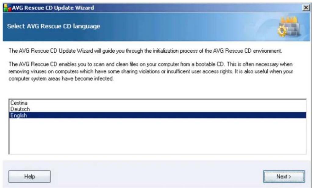 AVG Rescue CD Update Wizard Select AVG Rescue CD language The AVG Rescue CD Update Wizard will guide you through the initialization process of the AVG Rescue CD environment. The AVG Rescue CD enables you to scan and clean files on your computer from a bootable CD. This is often necessary when removing viruses on computers which have some sharing violations or insufficient user access rights. It is also useful when your computer system areas have become infected. Cestina Deutsch English Help Next >