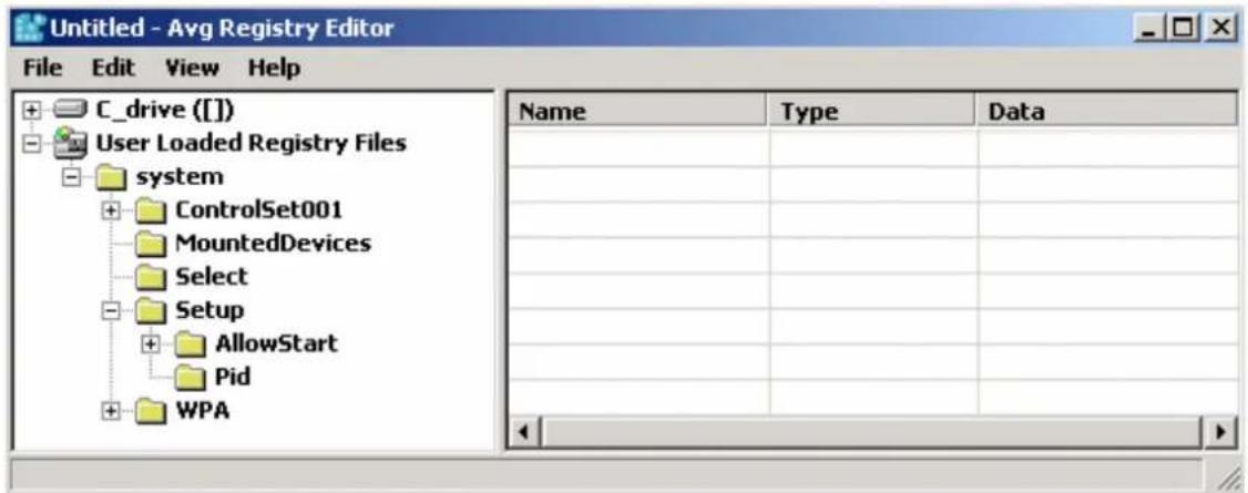 Untitled - Avg Registry Editor File Edit View Help C_drive ([]) User Loaded Registry Files system ControlSet001 MountedDevices Select Setup AllowStart Pid WPA Name Type Data Name Type Data Name ControlSet001 MountedDevices Select Setup AllowStart Pid WPA