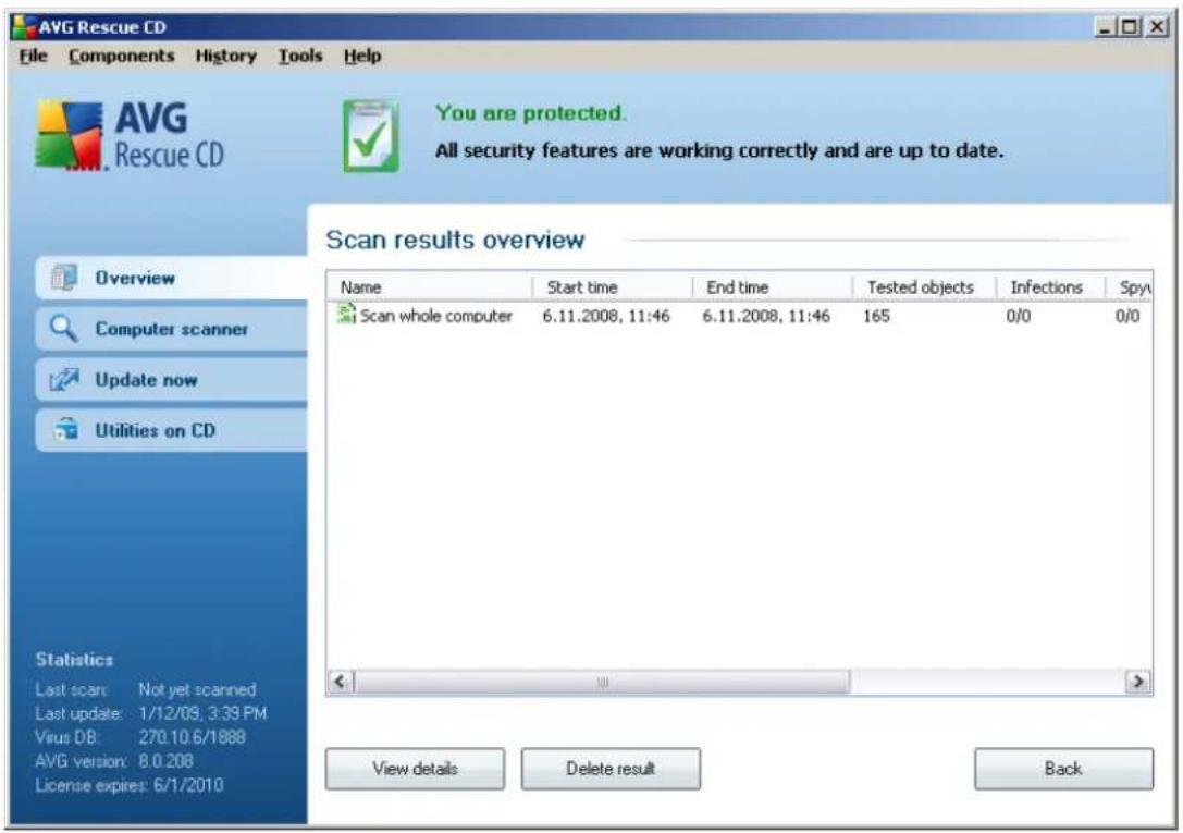 AVG Rescue CD File Components History Tools Help AVG Rescue CD You are protected. All security features are working correctly and are up to date. Scan results overview Name Start time End time Tested objects Infections Spyy Scan whole computer 6.11.2008, 11:46 6.11.2008, 11:46 165 0/0 0/0 Statistics Last scan: Not yet scanned Last update: 1/12/09, 3:39 PM Virus DB: 270.10.6/1888 AVG version: 8.0.208 License expires: 6/1/2010 View details Delete result Back