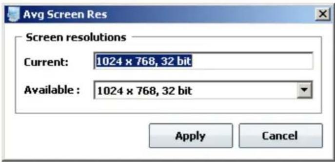 Avg Screen Res Screen resolutions Current: 1024 x 768, 32 bit Available : 1024 x 768, 32 bit Apply Cancel