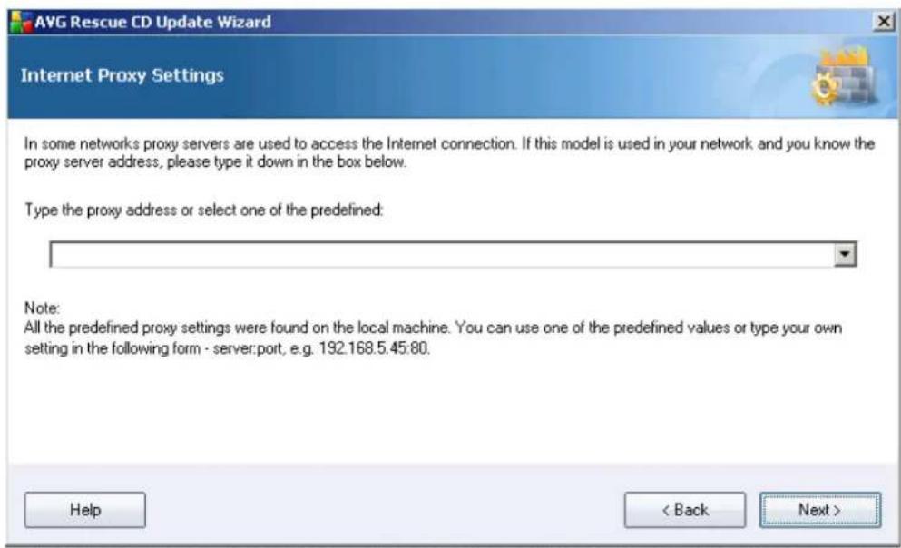 AVG Rescue CD Update Wizard Internet Proxy Settings In some networks proxy servers are used to access the Internet connection. If this model is used in your network and you know the proxy server address, please type it down in the box below. Type the proxy address or select one of the predefined: Note: All the predefined proxy settings were found on the local machine. You can use one of the predefined values or type your own setting in the following form - server:port, e.g. 192.168.5.45:80. Help < Back Next >