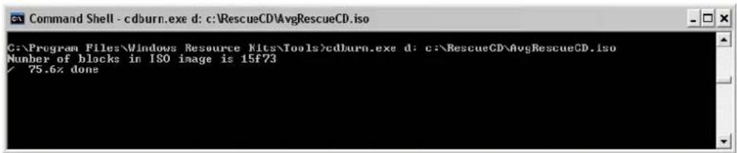 Command Shell - cdburn.exe d: c:\RescueCD\AvgRescueCD.iso C:\Program Files\Windows Resource Kits\Tools>cdburn.exe d: c:\RescueCD\AvgRescueCD.iso Number of blocks in ISO image is 15f73 / 75.6% done