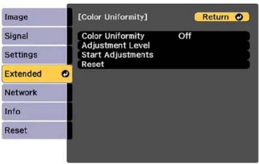 [Color Uniformity] Return Signal Settings Extended Color Uniformity Off Adjustment Level Start Adjustments Reset Network Info Reset