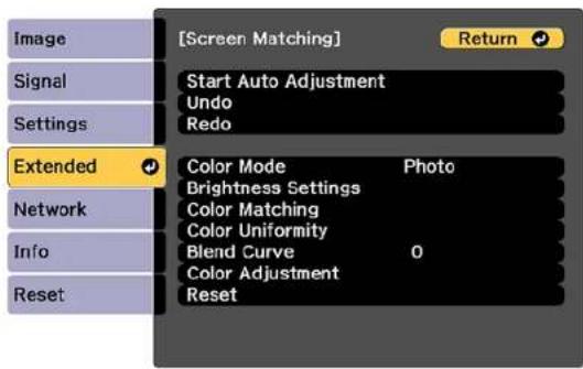[Screen Matching] Return Start Auto Adjustment Undo Redo Extended Color Mode Photo Brightness Settings Color Matching Color Uniformity Blend Curve 0 Color Adjustment Reset