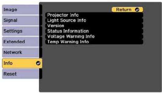 Image Signal Settings Extended Network Info Reset Projector Info Light Source Info Version Status Information Voltage Warning Info Temp Warning Info Return