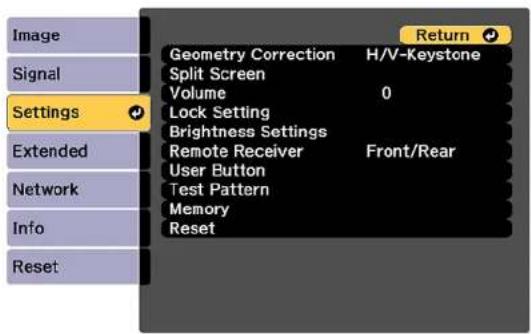 Image Signal Settings Extended Network Info Reset Geometry Correction H/V-Keystone Split Screen Volume 0 Lock Setting Brightness Settings Remote Receiver Front/Rear User Button Test Pattern Memory Reset Return