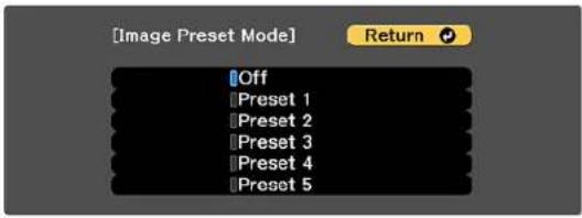 [Image Preset Mode] Off Preset 1 Preset 2 Preset 3 Preset 4 Preset 5 Return