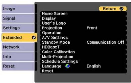 Image Signal Settings Extended Network Info Reset Home Screen Display User's Logo Projection Front Operation A/V Settings Standby Mode Communication Off HDBaseT Color Calibration Multi-Projection Schedule Settings Language English Reset
