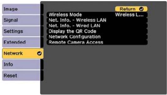 Image Signal Settings Extended Network Info Reset Wireless Mode Net. Info. - Wireless LAN Net. Info. - Wired LAN Display the QR Code Network Configuration Remote Camera Access Return Wireless L...