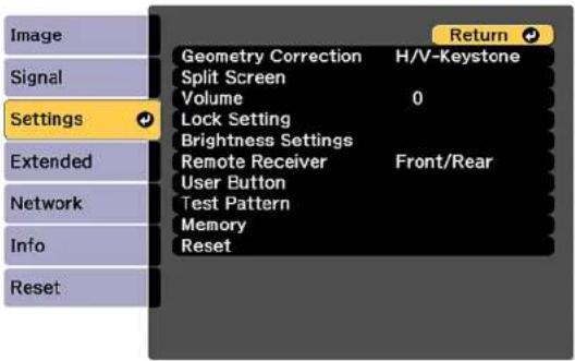 Image Signal Settings Extended Network Info Reset Geometry Correction H/V-Keystone Split Screen Volume 0 Lock Setting Brightness Settings Remote Receiver Front/Rear User Button Test Pattern Memory Reset Return