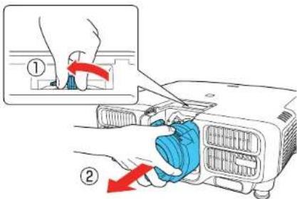 Diagram showing a hand using a tool to adjust or remove a component, with labeled parts and red arrows indicating action.