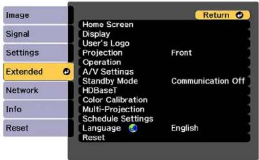 Image Signal Settings Extended Network Info Reset Home Screen Display User's Logo Projection Front Operation A/V Settings Standby Mode Communication Off HDBaseT Color Calibration Multi-Projection Schedule Settings Language English Reset