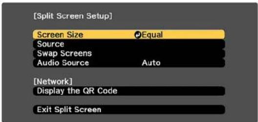 [Split Screen Setup] Screen Size Equal Source Swap Screens Audio Source Auto [Network] Display the QR Code Exit Split Screen