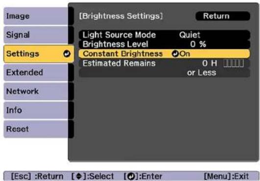 [Brightness Settings] Return Light Source Mode Quiet Brightness Level 0 % Settings Constant Brightness On Estimated Remains 0 H or Less Extended Network Info Reset [Esc] :Return [◆]:Select [●]:Enter [Menu]:Exit