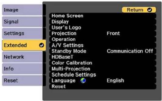 Image Signal Settings Extended Network Info Reset Home Screen Display User's Logo Projection Front Operation A/V Settings Standby Mode Communication Off HDBaseT Color Calibration Multi-Projection Schedule Settings Language English Reset