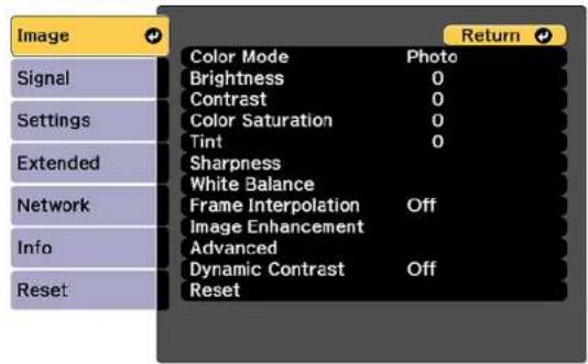 Image Signal Settings Extended Network Info Reset Color Mode Photo Brightness 0 Contrast 0 Color Saturation 0 Tint 0 Sharpness White Balance Frame Interpolation Off Image Enhancement Advanced Dynamic Contrast Off Reset Return